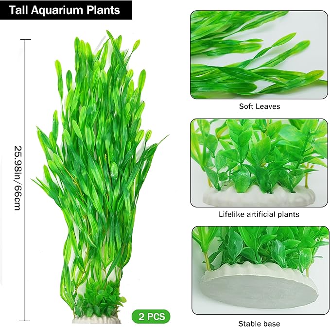 25.98 Inch Tall Aquarium Plants – 2 Pcs Fish Tank Plants Plastic，Large Lifelike Artificial Fish Tank Decorations, Durable & Safe for Freshwater/Saltwater Aquariums (Green (Style B))