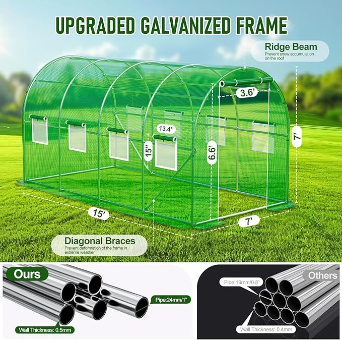 SPECILITE Walk-in Tunnel Greenhouse for Outdoors, 15×7×7 FT Heavy Duty Hoop House Kit with 8 Screen Windows, Thicken PE Cover & Galvanized Frame, Portable Large Green Houses for Outside, Winter, Green