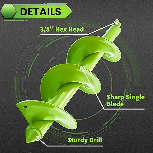 Green Garden Auger Drill Bit for Planting, 1.6"x16.5"&3.5"x16" Post Hole Digger & Bulb Planter Tool, Fits 3/8" Hex Drive Drill, for Seeds, Flowers