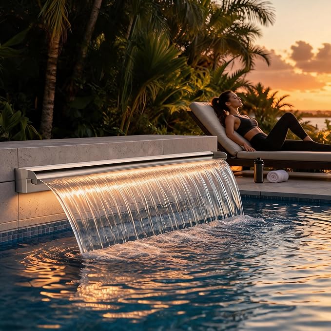Stainless Steel Pool Fountain Waterfall Sheer Descent, 35.4 Inches Spillway for Swimming Pool, Outdoor Garden Pond, Patio & Backyard Water Feature Decoration(35.4")