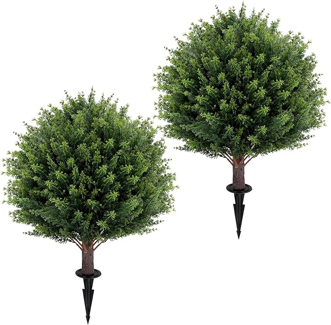 Artificial Cedar Topiary Ball Tree 23" with Ground Spike, Set of 2 Artificial Boxwood Bushes for Faux Shrubs, Fake Evergreen Faux Plant for Indoor Outdoor Porch Garden- UV Resistant – Fade-Proof