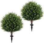 Artificial Cedar Topiary Ball Tree 23" with Ground Spike, Set of 2 Artificial Boxwood Bushes for Faux Shrubs, Fake Evergreen Faux Plant for Indoor Outdoor Porch Garden- UV Resistant – Fade-Proof