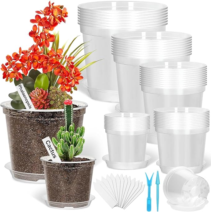 Jollidecor 45Pcs Clear Plastic Nursery Pots with Drainage Holes and Saucers, 3/4/5/6/7Inch Seedling Starter Flower Pots with Tool for Indoor Outdoor Gardening Flower, Herb, Succulent Transplanting