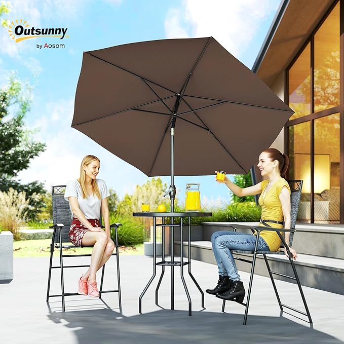 Outsunny 4 Piece Outdoor Patio Dining Furniture Set, 2 Folding Chairs, Adjustable Angle Umbrella, Wave Textured Tempered Glass Dinner Table, Black