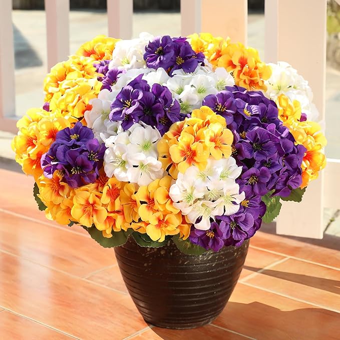 6 Bundles Artificial Geranium Flowers for Outdoors Spring Decor Geraniums Silk Flowers UV Resistant Lifelike Faux Flowers for Outdoor Garden Patio Porch Balcony Home Decor(Purple 2,White 2,Yellow2)