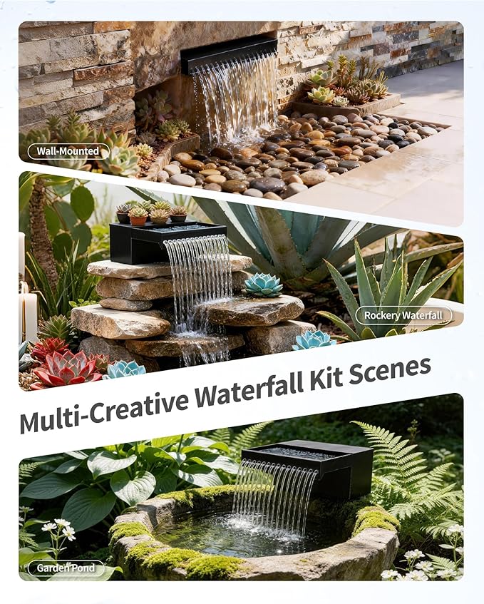 POPOSOAP 55W Solar Pond Waterfall Spillway with Fountain Pump, 304 Stainless Steel & Filtration System Pond Waterfall, 9.8FT Tubing for Koi Ponds, Garden Fountains & Landscape Water Features-P5552S