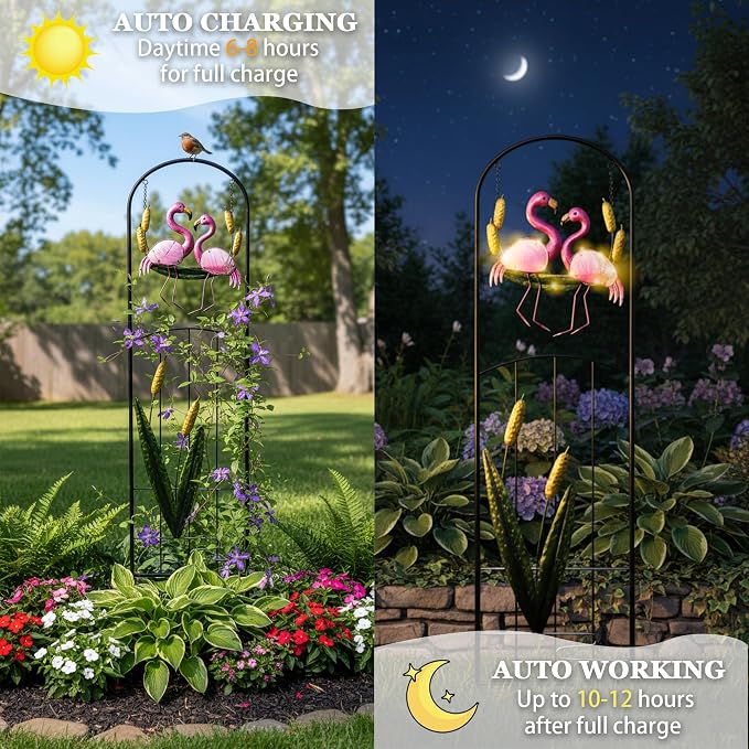 Flamingo Metal Garden Trellis with Solar Lights for Climbing Plant | 1-Pack Weatherproof Iron Plant Trellis, Heavy Duty Potted Cucumber Clematis Support Frame Stake for Outdoor Patio Yard Decor