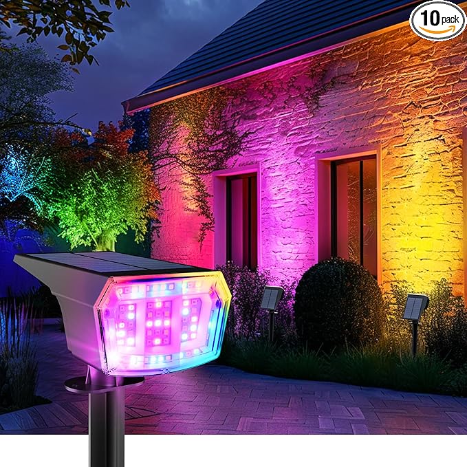 AUDERWIN Solar Spot Lights Outdoor, 9 Lighting Modes RGB, Solar Lights Outdoor Waterproof IP65, 63 LED Landscape Spotlights for Holiday Decorations-10 Pack