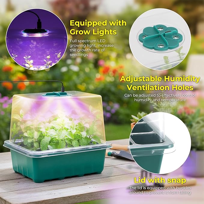 Seed Starter Tray with Grow Light, 6pcs Seed Starter Kits with Light and Humidity Domes, Timing Controller & Adjustable Brightness & 3 Light Mode, Indoor Seedling Starter Plant Germination Trays