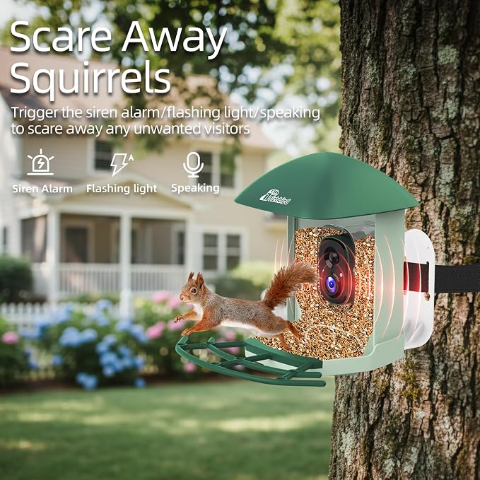 Smart Bird Feeder with 4MP HD Camera, Birdwatching Camera with Free AI Identify Birds & Solar Panel for Outdoors, Auto Video Capture & Instant Notifications,for Dad Granpa Birdlovers,Green