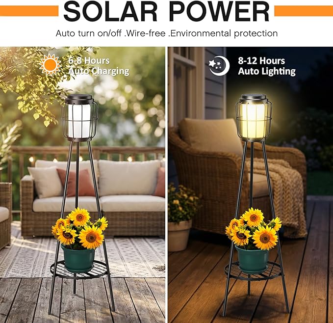 2-in-1 Solar Lights Outdoor with Plant Stand, Waterproof Solar Floor Lamp & Tall Metal Planter Holder for Outside, Decorative Tripod Pathway Lantern for Patio, Garden, Porch, Yard Decor (2 Pack)