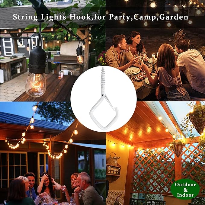 50 Pcs Outdoor Hooks for String Lights,Screw Hooks for Hanging Plants,Ceiling Hooks with Safety Buckle,Square Hanger for Wind Chimes,Bird Feeder,Lanterns,Christmas Decorations (White)
