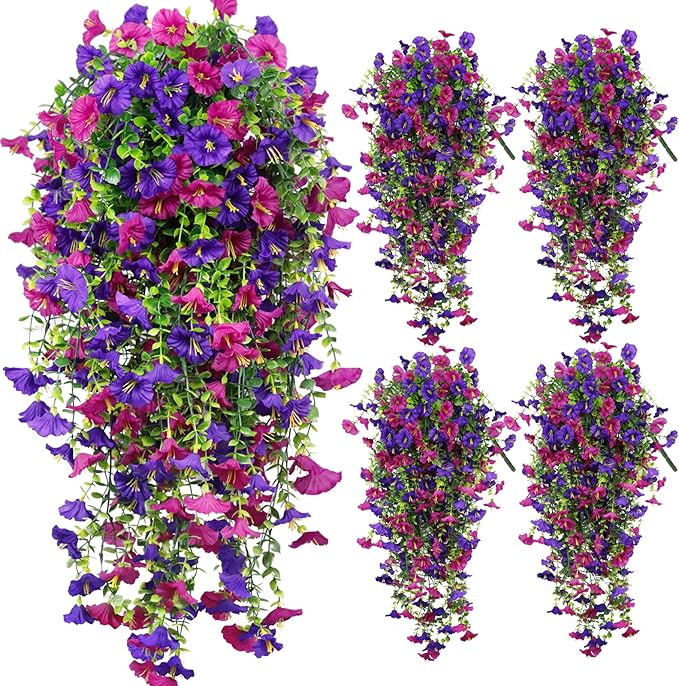 Fake Hanging Plants, Faux Hanging Plant Artificial Greenery for Living Room Bedroom Boho Wall Shelf Indoor Outdoor Decor (4-Pack, Purple Pink Morning Glory)