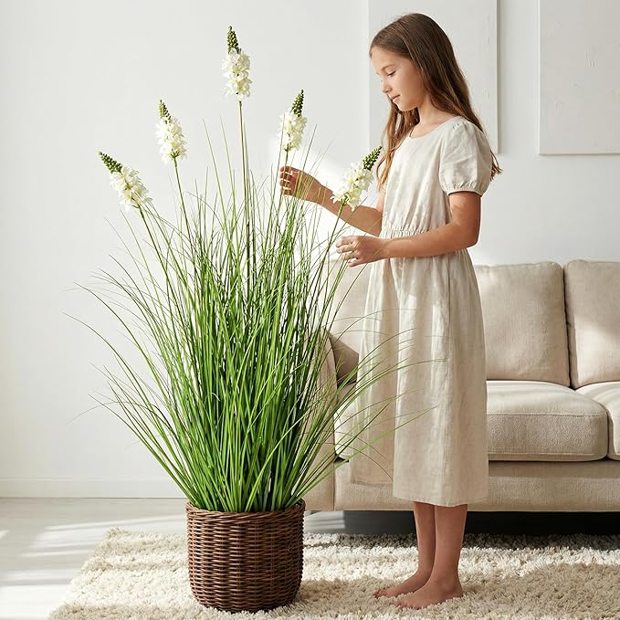 Artificial Plants Indoor Tall Grass Plants with Hyacinth Flower 35.4In Tall Artificial Ornamental Grass Green Onions Outdoor Fake Plants with Black Pot Home Office Decorative (1 Pack,White)