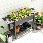Outsunny Raised Garden Bed, 57 x 20.5 x 34 in Wood Elevated Planter Box with Lockable Wheels, Side Tables and Bottom Shelf, Outdoor Raised Planter with Bed Liner and Drainage Holes, Gray