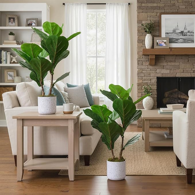 2 Set Fiddle Leaf Fig Fake Plants, 15.7" Faux Green Bonsai Tree with White Marble-Look Pot with Black Speckles, Cement Moss Base, Decorative Artificial Plants Indoor for Home & Office