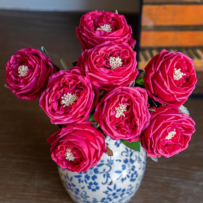 DUYONE Fake Flowers for Decoration Home Decor Artificial Flowers Austin Rose Peony Latex Fake Flower Living Room Decoration Vivid Pink Roses Peonies (Red 4pcs)