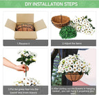 Ouddy Decor Artificial Hanging Flowers with Basket, Fake Silk Hanging Flowers in Coconut Lining Basket Faux Hanging Plants for Outdoor Indoor Spring Garden Porch Patio Balcony Home Decor, White