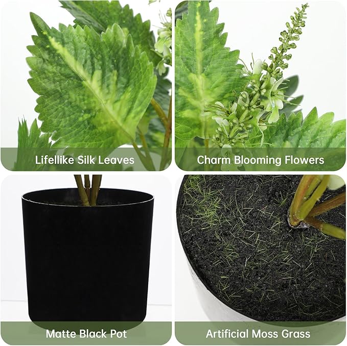 Artificial Plants Indoor with Pot 16.9" Faux Potted Perilla Plants Indoor Decorative Silk Greenery in Black Pot for Farmhouse Home Bathroom Living Room Office Table Shelf Decor