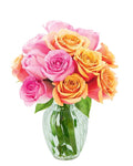 KaBloom - 12 Pink and Orange Roses with Vase - Fresh Flowers for Birthday, Valentine's & Mother's Day