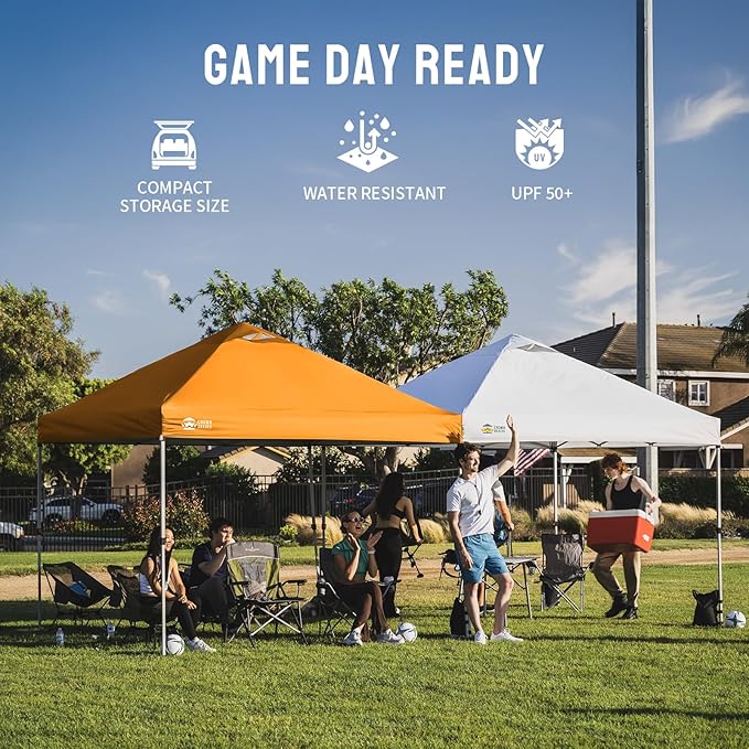 CROWN SHADES 10x10 Pop Up Canopy - Beach Tent with One Push Setup - Easy Outdoor Sun Shade for Events, Parties, Camping - Gazebo with STO-N-Go Cover Bag, Silver Coated Top, Orange