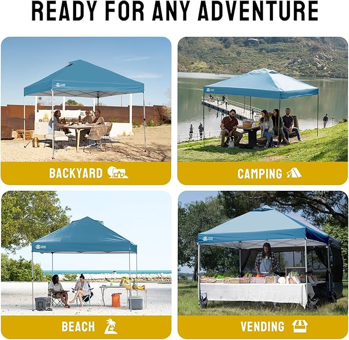 CROWN SHADES 10x10 Pop Up Canopy - Beach Tent with One Push Setup - Easy Outdoor Sun Shade for Events, Parties, Camping - Gazebo with STO-N-Go Cover Bag, Silver Coated Top, Cyan Blue