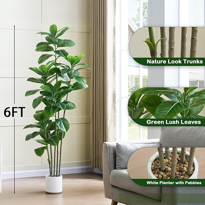 Ficus Tree Artificial Plants Indoor, 6FT Tall Fake Trees in White Pot, Large Potted Silk Floor Plant Artificial Trees, Green Lifelike Faux Ficus Tree for Home Room Office Porch Decor-Green