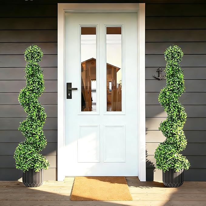 2 Pack 3FT Artificial Spiral Topiary Trees, Realistic Boxwood Trees, Evergreen PE Faux Plants with Durable Pot, Outdoor & Indoor Year-Round Garden, Patio, Porch, Home Entryway Decor