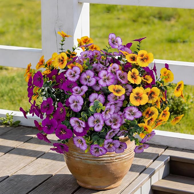 17 Inch Artificial Faux Pansy Flowers for Outdoor,Fake Pansies Flowers with Eucalyptus Leaves Fake Plants Greenery Boxwood Porch Patio Decor 6 Bundles(Pink Purple,Dark Yellow,Magenta)