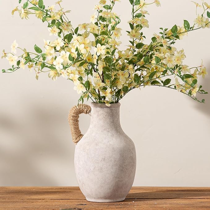 Ceramic Flower Vase Home Decor - 10 Inch Large White Rustic Table Flowers Vases Living Room Bedroom Plant Decorations Farmhouse Vintage for Kitchen Shelf Office Coffee Dining Desk House Women