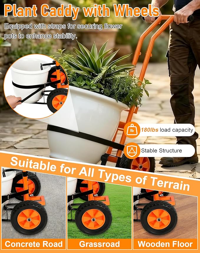Heavy Duty Plant Caddy with Wheels, Plant Dolly Cart, Adjustable Grabbing Arm & Suction Cups for Easy Plant Movement, Versatile Indoor/Outdoor Plant Dolly Trolley Cart with Strap, Orange