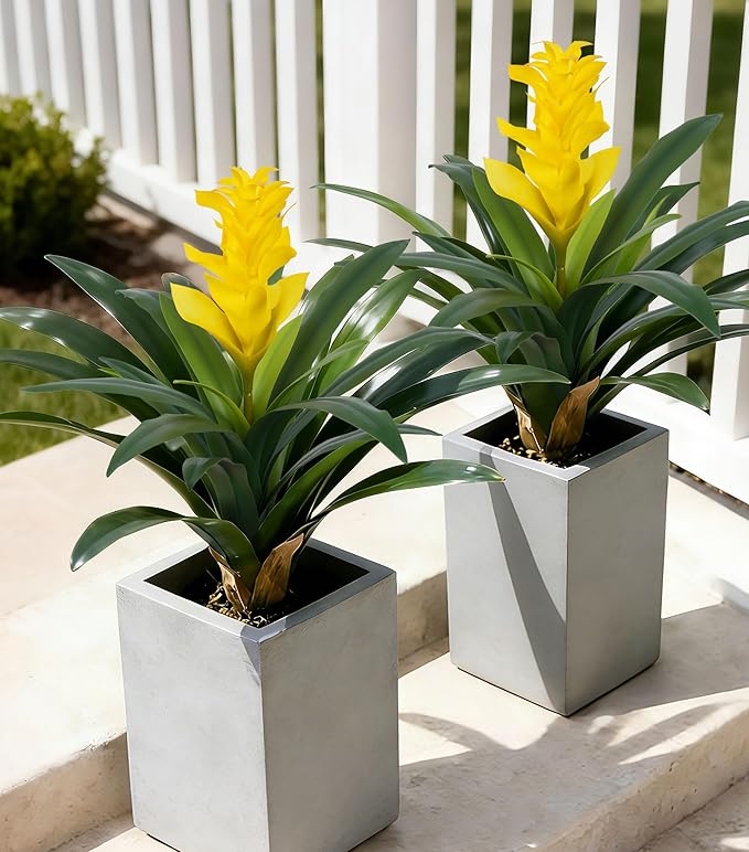 Ivydale Fake Flowers Plants for Outdoors, 2 Pcs 16.93" Bromeliad Artificial Flowers Uv Resistant Realistic Faux Flowers for Outdoor Planters Outside Porch Patio Yard Garden Indoor Decoration(Yellow)