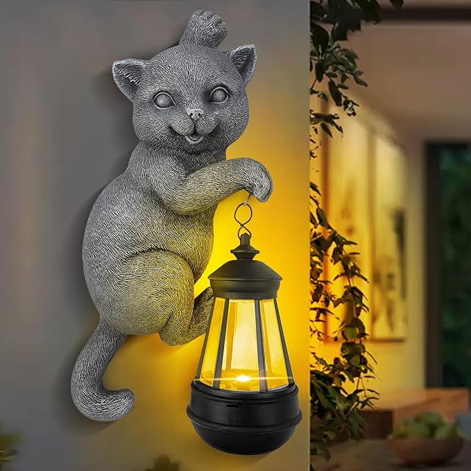 Solar Cat Outdoor Statues for Garden Decor Hugger Solar Lantern Resin Statue for Outside Balcony Decorations Gift for Grandma Women (Grey Cat)