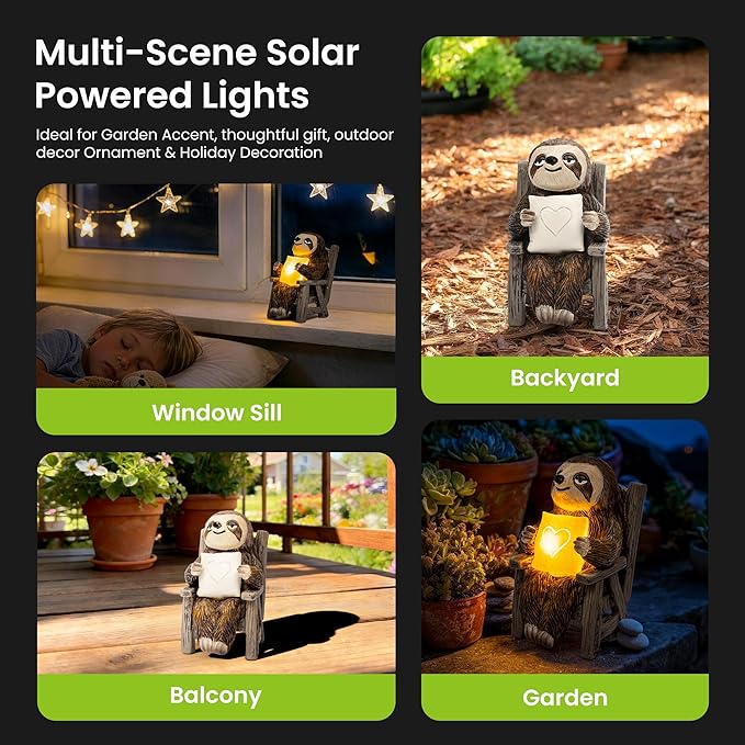 SOWSUN Garden Statue, Solar Sloth Decoration with Light, Outdoor Decor for Patio Table Yard Lawn Balcony Window Sill, Christmas/Birthday Gift for Mom Women
