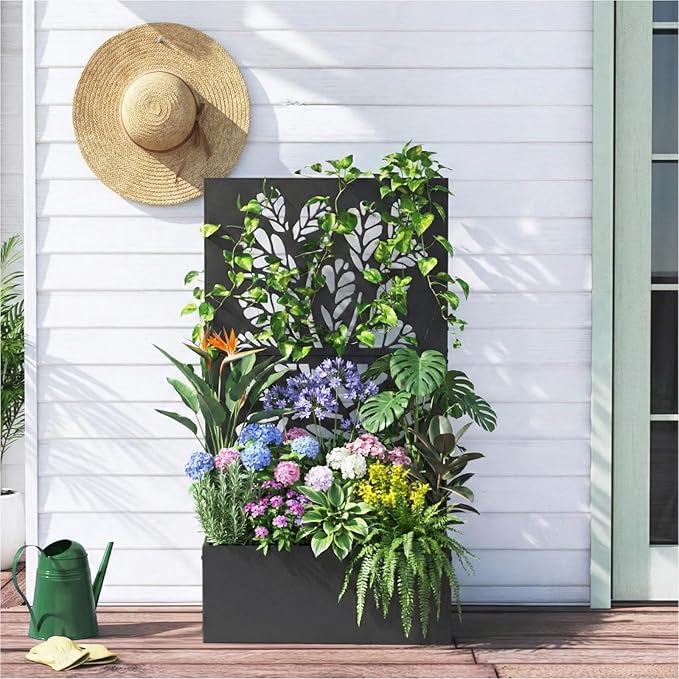 Outvita Metal Planter Box with Trellis, 43’’ x 24’’ x 9’’ Raised Garden Bed with Drainage Holes for Climbing Plants, Vegetables, Vines, Leaf Cut-Out Privacy Planters for Patio (Black)