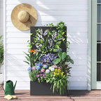 Outvita Metal Planter Box with Trellis, 43’’ x 24’’ x 9’’ Raised Garden Bed with Drainage Holes for Climbing Plants, Vegetables, Vines, Leaf Cut-Out Privacy Planters for Patio (Black)