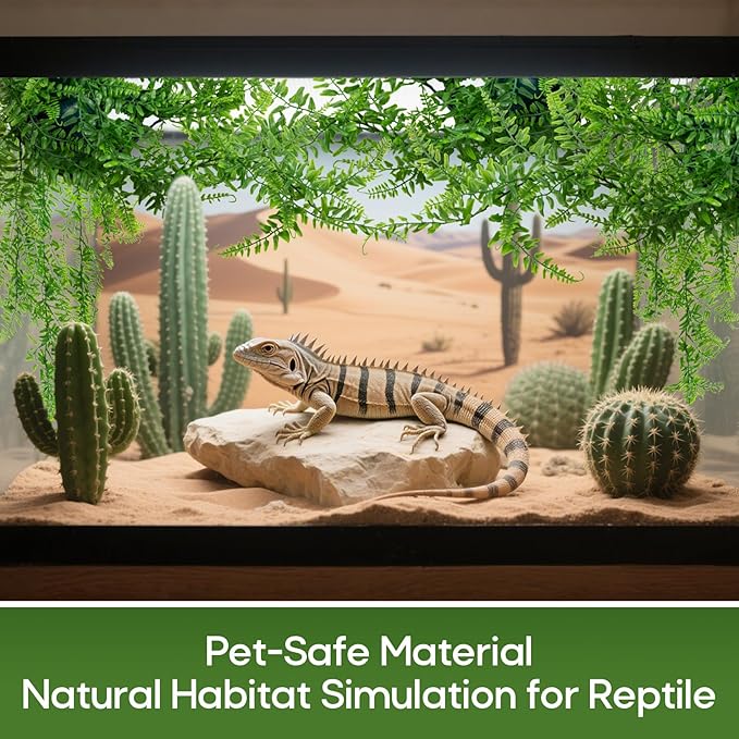 RAINFLOW 2PCS Reptile Plants for Terrarium - Fake Hanging Terrarium Plants, Artificial Boston Fern for Bearded Dragon Snake Geckos Hermit Crab Lizard Chameleon Turtle Reptile Decor(L31.5)