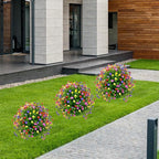 23" Artificial Topiary Boxwood Ball Trees with Ground Spike, Set of 2, UV Resistant Fake Bushes Plants with Camellia Flowers, Faux Cedar Balls Shrubs for Outdoor Indoor Front Porch Garden Decor