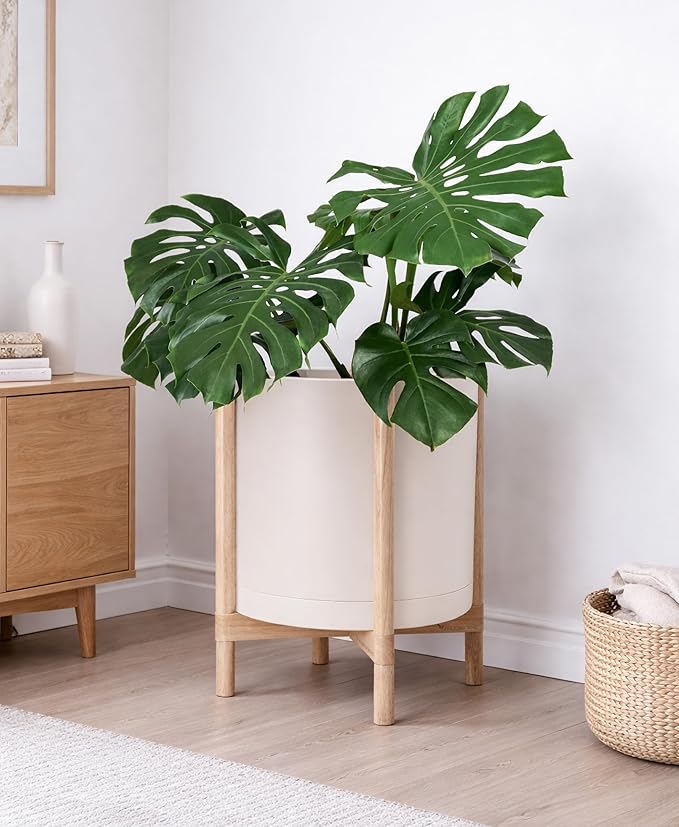 D'vine Dev Planter Pot with Stand - 16 Inch Plastic Cylinder Flower Pot with Wood Planter Holder for Indoor, Oatmeal Pot + Natural Stand, 55-C-Y-4