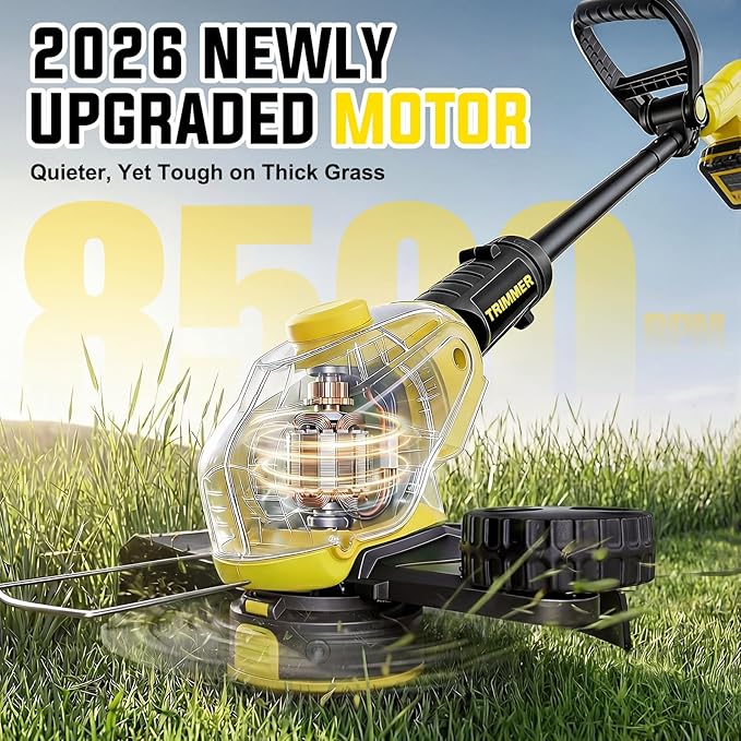 Cordless Weed Wacker, 21V Battery Powered Grass Trimmer & Edger 2-in-1, Electric Weed Wacker with 2 × 2.0Ah Batteries and 8 × Spare Spools, Lightweight Edger Lawn Tool for Yard & Garden