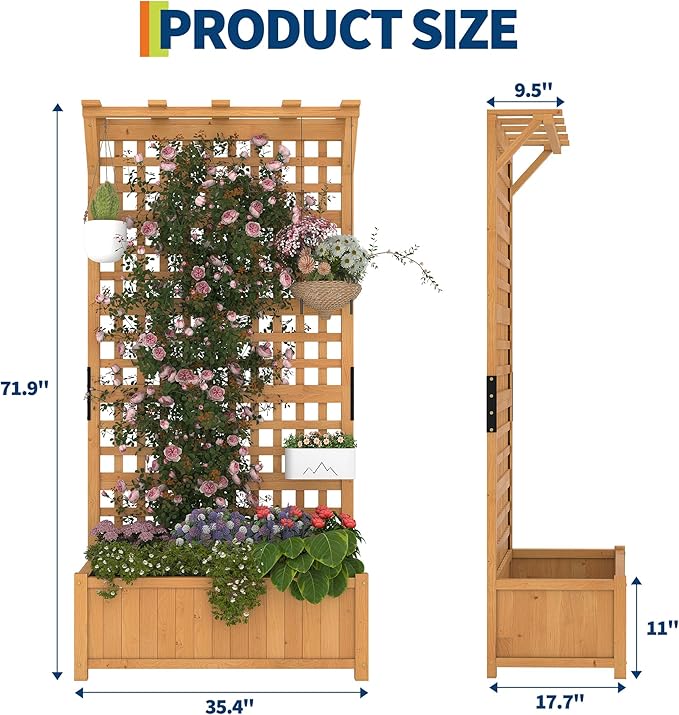 72"h Large Raised Garden Bed with Trellis & Roof, Outdoor Wooden Planter Box for Vine Climbing Plants, Flowers & Vegetables, Freestanding Horticulture Planter with Drainage Holes for Patio Yard Balcon