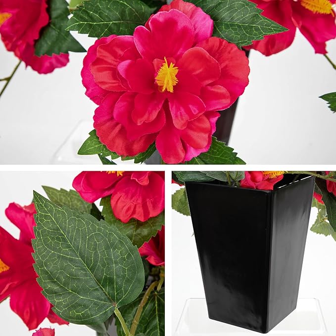 Briful Artificial Hanging Hibiscus Flowers Potted Plant – Faux Tropical Hibiscus with Silk Petals & Lush Leaves – Black Square Pot – Hot Pink Fake Flower for Indoor Outdoor Porch Patio Decor