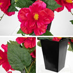 Briful Artificial Hanging Hibiscus Flowers Potted Plant – Faux Tropical Hibiscus with Silk Petals & Lush Leaves – Black Square Pot – Hot Pink Fake Flower for Indoor Outdoor Porch Patio Decor