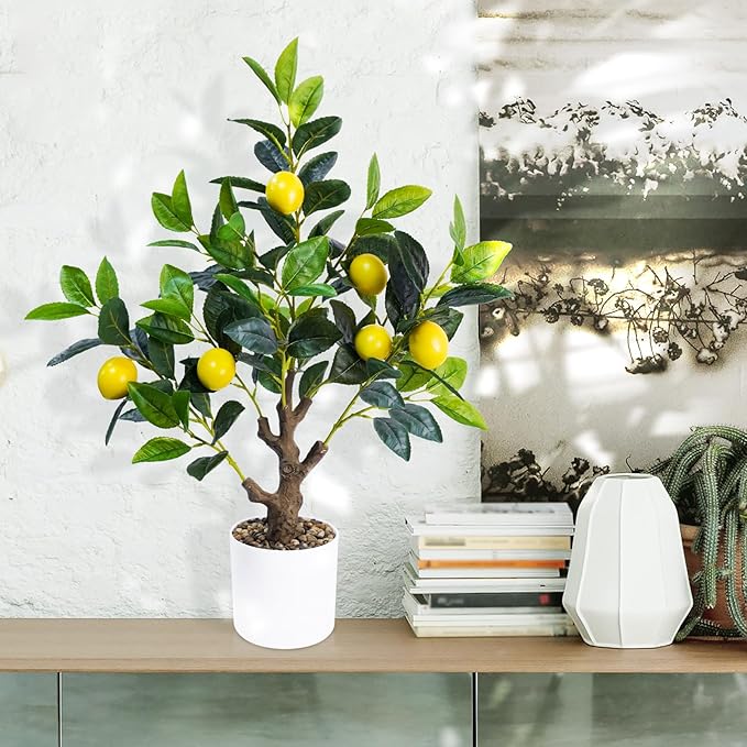 Caxchiling 24Inch Fake Lemon Tree, Lemon Decor for Tabletop, Desk, Centerpiece, Home, Kitchen, Living Room, Artificial Potted Plants with White Planter and Stone Cover