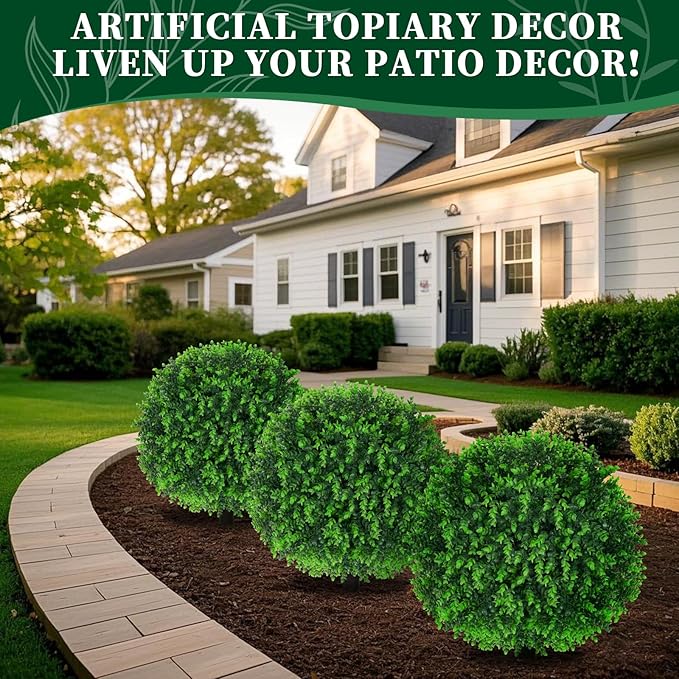 Artificial Eucalyptus Topiary Ball Trees, 2 Set of 16'' UV Resistant Fake Evergreen Shrubs Bushes Plants with Ground Spike, Fake Plants for Outdoor Indoor Front Porch Garden