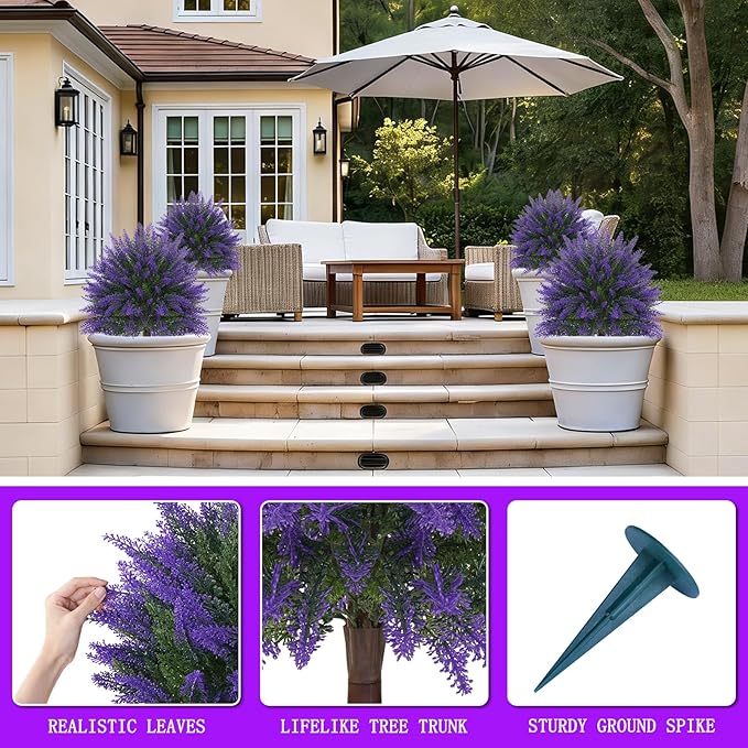 Yangrass Artificial Lavender Topiary Bushes with Ground Spike, 24" Set of 2 Faux Lavender Boxwood Ball Trees UV Resistant Fake Greenery Plants for Indoor & Outdoor Spring Porch Decor