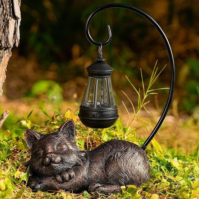WSgift Outdoor Cat Figurine Garden Statue with Solar-Powered LED Light 13.77 Inches Tall, Gift Garden Statue Decor for Cat Lovers