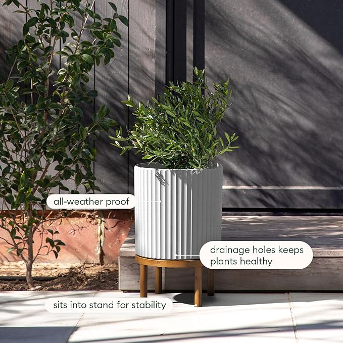Veradek Demi Series Round Planter w/ Stand for Porch/Patio | Durable Plastic-Concrete & Wooden Stand | Modern Décor for Tall Plants, Flowers
