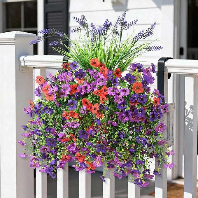 Artificial Fake Hanging Flowers Plants for Outdoor Outside Decoration, Faux Silk Daisy Flower Realistic UV Resistant for Front Porch Patio Balcony Garden Yard Indoor Planter Home Decor(Purple Red)