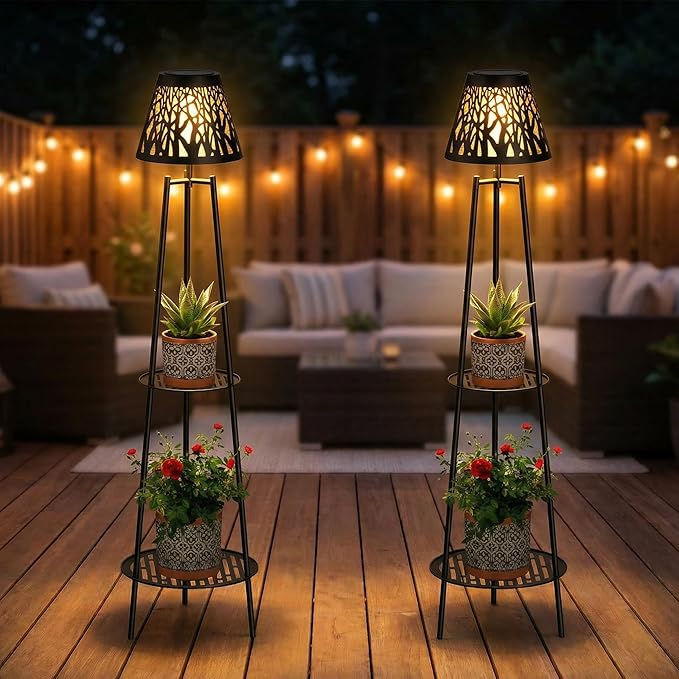 2 Pack Solar Floor Lamps Outdoor with 2-Tier Plant Stand, Metal Tall Planter Holder with Waterproof LED Lantern, Decorative Patio Light & Flower Pot Display Rack for Garden, Deck, Porch, Balcony